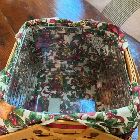 Longaberger Basket with Floral Liner and Wooden Handle - Picture 9 of 10